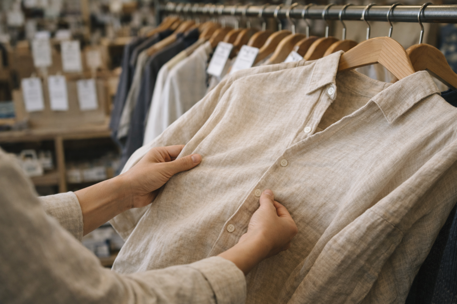 Main examinant un vêtement en lin dans une boutique, mettant en avant le choix de matières durables et responsables.