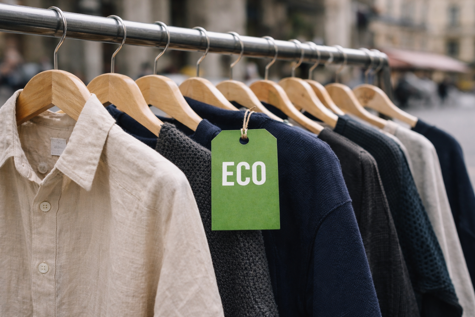 Vêtements suspendus sur des cintres avec une étiquette « eco », illustrant les pratiques de greenwashing dans l’industrie de la mode