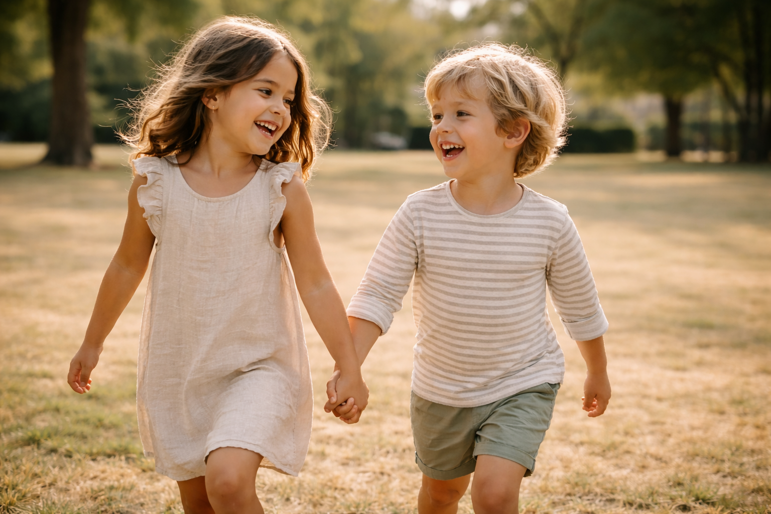 Deux enfants marchant main dans la main en plein air, portant des vêtements confortables et durables adaptés aux enfants.